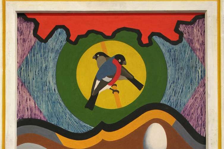 Deutscher Pop in der Stadtgalerie „Hände weg vom Dompfaff“ hat Wasja Götze sein Bild betitelt.