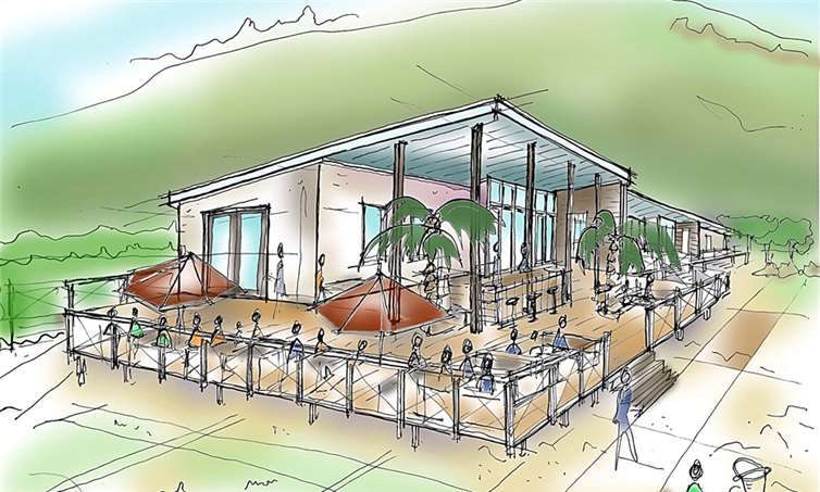 Drei Millionen Euro- Investment für Camping an der Lahn So stellt sich der Planer von Investor Gerrie Verkoelen das Hauptgebäude des neuen Fachbacher „Beach Club“ vor. Quelle: Beachclub Fachbach an der Lahn GmbH / Facebook