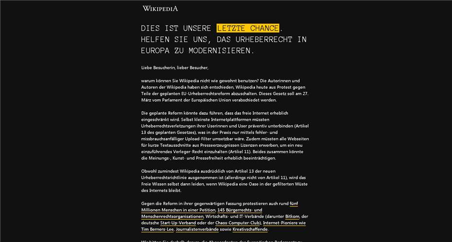Protest wegen Urheberrechtsreform: Wikipedia und viele Regionalwikis sind heute offline