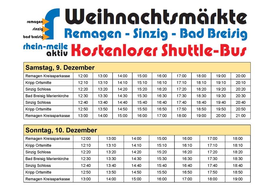 Weihnachtsmärkte: Kostenloser Shuttlebus der Rhein-Meile aktiv