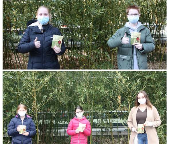 : Die Schriftsteller*innen Jana Krämer, Leo Becker (beide oben), Mayla Sattler und Samina Taraba mit ihrer Mentorin Julia Bernd (unten, von links). Foto: privat