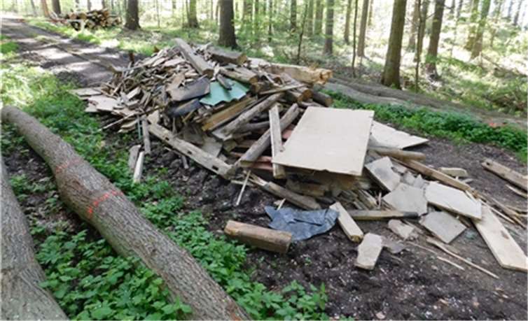 20 Kubikmeter Altholz und Bauschutt wurden vermutlich mithilfe eines Lkws auf dem Feldweg abgeladen. Foto: Polizei