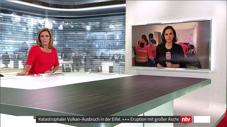 2019 wurde für den Lava-Dome in Mendig eine fiktive ntv-Breaking-News Nachrichtensendung über einen erneuten Ausbruch des Laacher-See-Vulkans produziert.  Foto: Lava-Dome