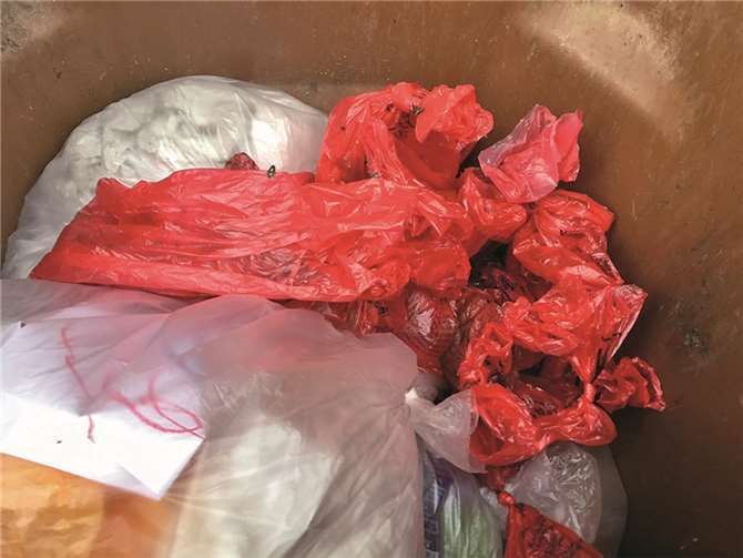 32 mit Hundekot gefüllte Tüten entsorgten die Mitarbeiterinnen der Kita aus der gelben in die Restmülltonne. privat