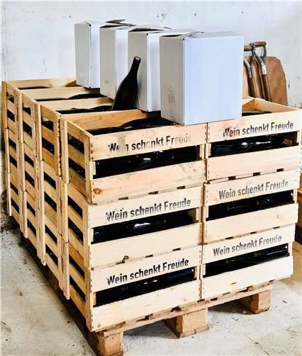 361 Flaschen warten auf das Etikettieren und verpacken in Kartons. Foto: Eduard Krahe