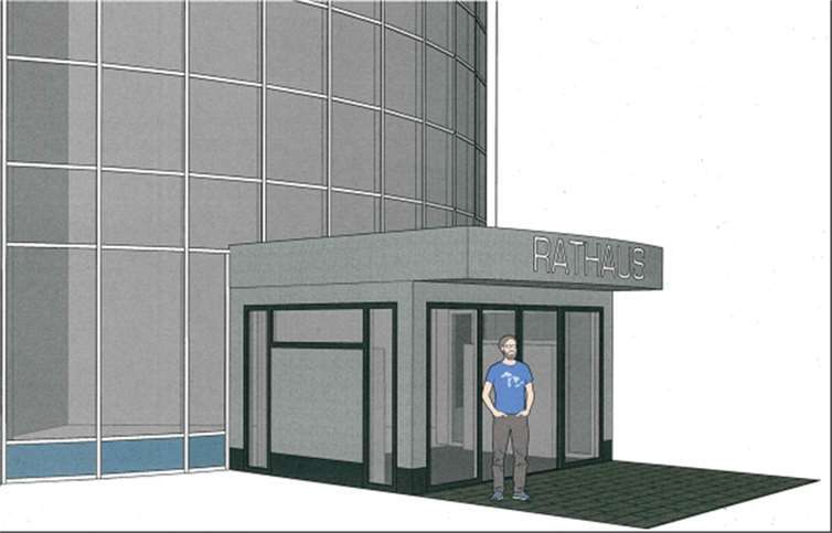 3D-Entwurfszeichnung des neuen Eingangsbereiches. Quelle: Entwurf des Büros für Bauleitung, Reinhold Euskirchen, Mendig