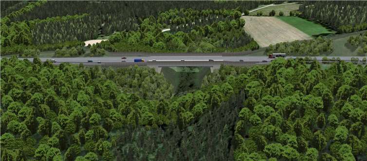 3D-Grafik Anschlussstelle Adenau bis Anschlussstelle Kelberg vom geplanten Lückenschluss der A1. Quelle: Landesbetrieb Mobilität Trier / www.a1-lueckenschluss.de“