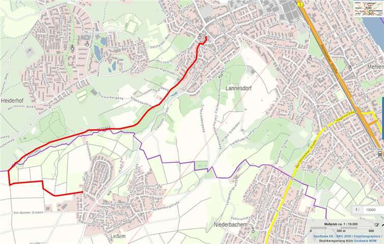 ADFC-Vorschlag für einen Rad- und Fußweg von Ließem nach Lannesdorf. Quelle: Erwin Schweisshelm/ADFC Wachtberg