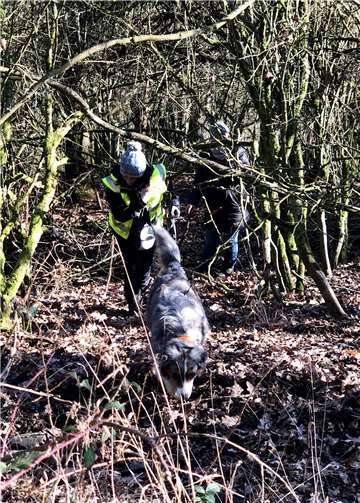 Ab durch unwegsames Gelände, Unterholz und Heckengebüsch und gar nicht so einfach zu finden: Monika Wirfs mit Suchhund Joola.