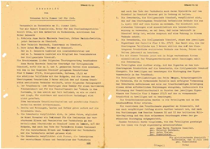 Abschrift des Übertragungsvertrages, geschlossen zwischen Anna Casalter und der Gemeinde Odendorf 1949. Quelle: Archiv der Gemeinde Swisttal