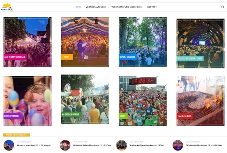 Acht verschiedene Kategorien sorgen für Übersichtlichkeit und ermöglichen es dem Nutzer der Website, schnell die passende Veranstaltung zu finden.