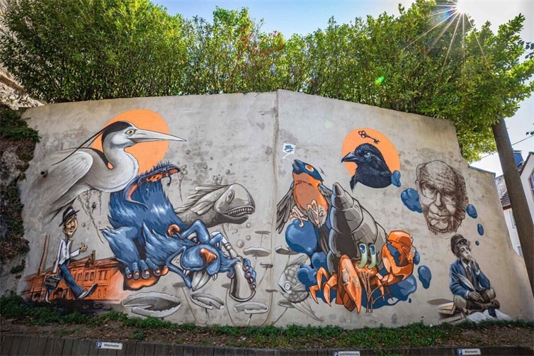 „Across Generations Part II“: Urban Art trifft auf Joseph Breitbach und den Rhein - Großformatiges Mural entstand live während der 25. Museumsnacht Koblenz. 
