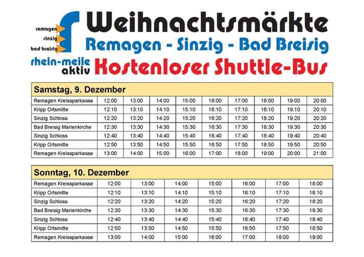 Weihnachtsmärkte: Kostenloser Shuttlebus der Rhein-Meile aktiv Alle Abfahrszeiten in der Übersicht. Foto: privat