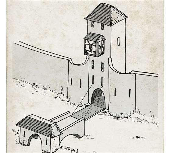 Alle vier ‚Stadttore hatten ein vorgelagertes Tor und eine Zugbrücke über den Graben. Dies ist eine Rekonstruktion von H.-G. Klein/Zeichnung J. Thies.