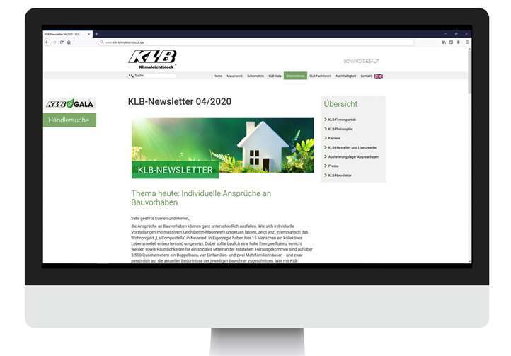 Alle zwei Monate fasst der KLB-Newsletter aktuelle Neuigkeiten aus der Mauerwerks- bzw. Leichtbetonindustrie zusammen. Zudem informiert er Bauunternehmen, Händler und Planer stets über interne Entwicklungen bei KLB Klimaleichtblock. Quelle: KLB Klimaleichtblock GmbH