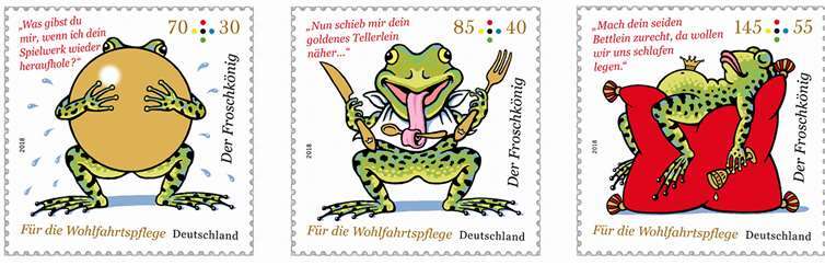 Als Vorlage der Briefmarken diente das Märchen „Der Froschkönig“ aus der Feder der Gebrüder Grimm.Bundesarbeitsgemeinschaft der „Freien Wohlfahrtspflege“