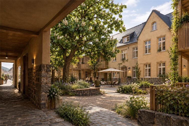 Alternativer Architekturstil für das Gelönde des Kastanienhofs.
