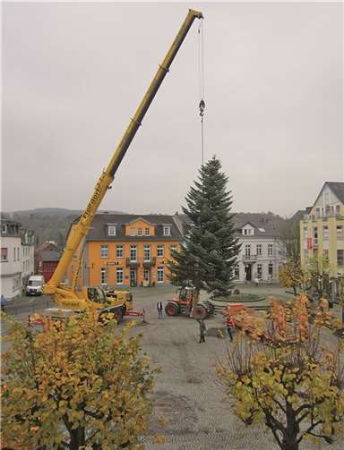 Am Haken eines großen Krans schwebte der Weihnachtsbaum auf dem Sinziger Marktplatz ein. Stadt Sinzig
