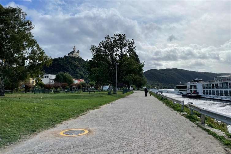 Am Rheinufer in Braubach zwischen Schiffsanleger und Campingplatz mit Blick auf die Marksburg.