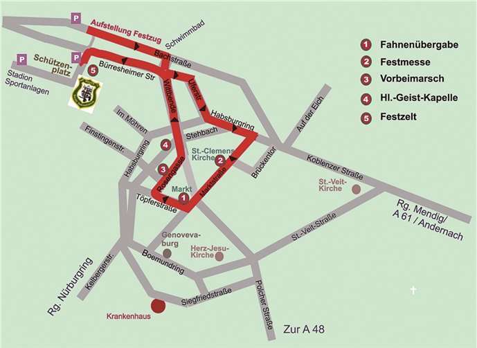 Am Sonntag, 11. August führt ab 14 Uhr der Festzug die Schützen durch die Innenstadt. Von der Bachstraße aus marschieren die rund 500 Teilnehmer über die Uferstraße und Habsburgring durch die Marktstraße über den Marktplatz und Töpferstraße in die Rosengasse. Am Rathaus werden die einzelnen Bruderschaften vorgestellt, die dann über die Göbelstraße und Wittbende auf direktem Wege zum Schützenplatz weitermarschieren. Die Anwohner werden gebeten die Häuser mit Fahnen zu schmücken.