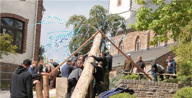 An der Auffahrt zur Kirche wurde der gut 20 Meter lange Baum aufgestellt.SES