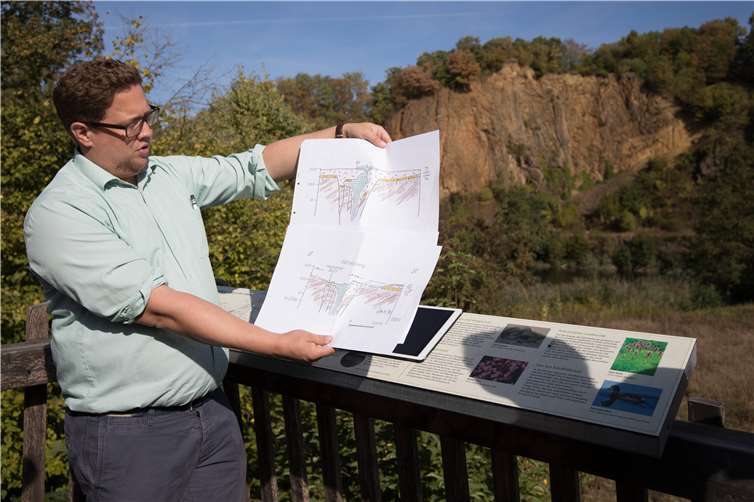 Anhand von Schaubildern erklärte derBeigeordnete vor der Felswand des Dächelsbergsdie Entstehung der verschiedenen Formen.