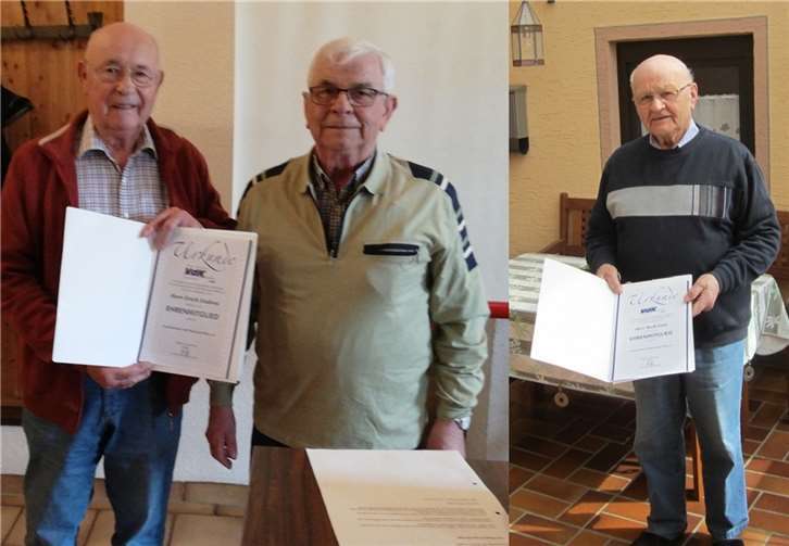Anlässlich des Ortsverbandstages wurden Herrn Erich Endres und Herrn Rudi Gast Weinpräsente nebst Urkunden zur „Ehrenmitgliedschaft“ überreicht. Foto: privat