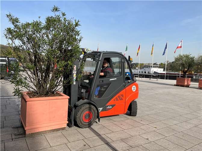 Anlieferung der neuen größeren Pflanzkübel an der Remagener Rheinpromenade. Foto: Stadt Remagen