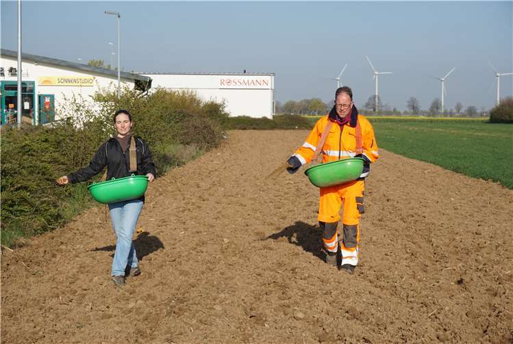 Anna Lena Müller und Florian Wirtz säen Blumen- und Grassamen für die Blühwiese aus.