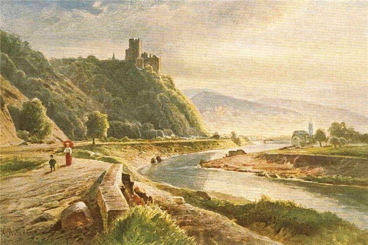 Ansichtskarte von Burg Lahneck mit Niederlahnstein, gemalt von Nikolai von Astudin 