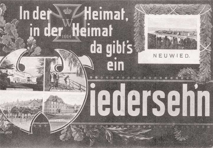 Ansichtskarte von Neuwied vom 23.11.1915 mit 5 Bildern: Rheinfront von Neuwied, Weißes Schloss Monrepos, Rheinufer, Lehrerseminar (heute Werner-Heisenberg-Gymnasium) und das Oberlyzeum (heute Rhein-Wied-Gymnasium). privat