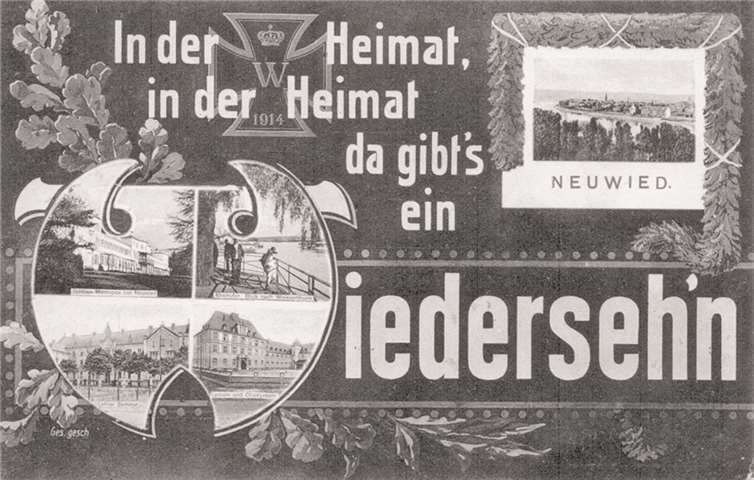 Ansichtskarte von Neuwied vom 23.11.1915 mit 5 Bildern: Rheinfront von Neuwied, Weißes Schloss Monrepos, Rheinufer, Lehrerseminar (heute Werner-Heisenberg-Gymnasium) und das Oberlyzeum (heute Rhein-Wied-Gymnasium). privat