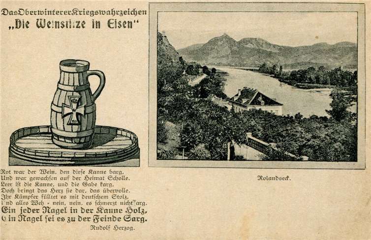 Ansichtskarten, hier mit Blick auf Rolandseck, halfen, den Ruf des abgebildeten Kriegsmals mit einem Gedicht Rudolf Herzogs zu verbreiten.