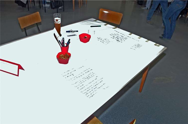 Arbeitsprinzip „World Café“: Neue Ideen werden sofort auf der Tischdecke notiert.