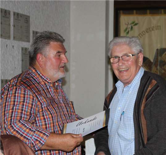 Auch Helmut Betz (re., neues Ehrenmitglied) erhielt eine Urkunde aus den Händen von Peter Siegburger.