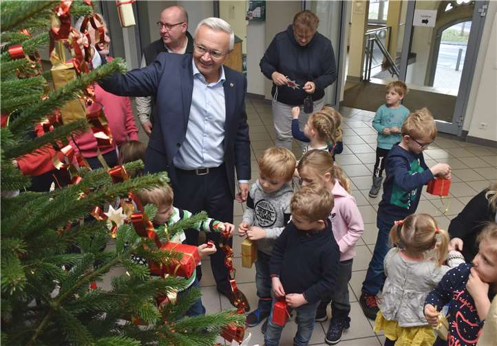Auch Landrat Achim Hallerbach legtemit Hand an beim Schmücken des Baumes.