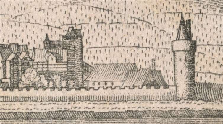 Auf der Abbildung von Matthäus Merian d. Ä. von 1646 ist der Turm mit Dach klar als Teil der Stadtmauer erkennbar. Quelle: Stadtarchiv Linz