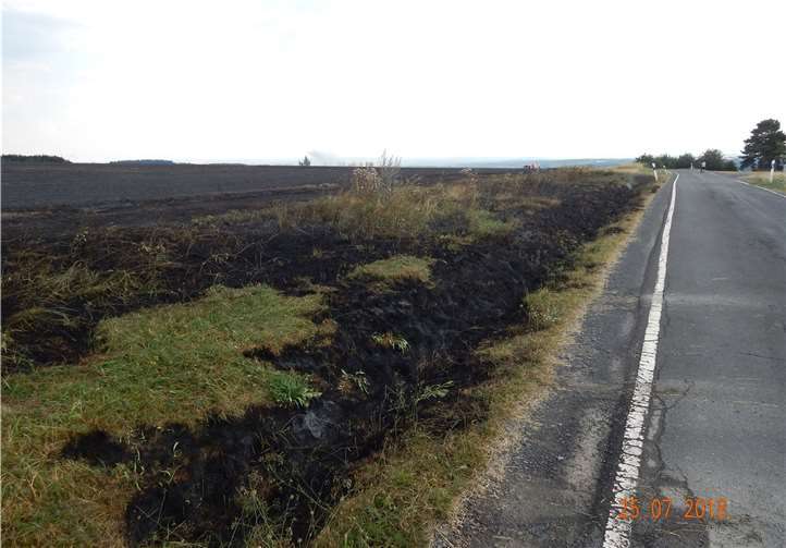 Auf einem Acker nahe der Kreisstraße 14 bei Leienkaul kam es zu einem größeren Flächenbrand. Fotos: Polizei