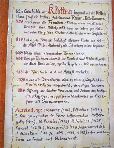 Auf einer Tafel in der Pfarrkirche sind die einzelnen Stationen der Klottener Dorf- und Kirchengeschichte aufgezeichnet.