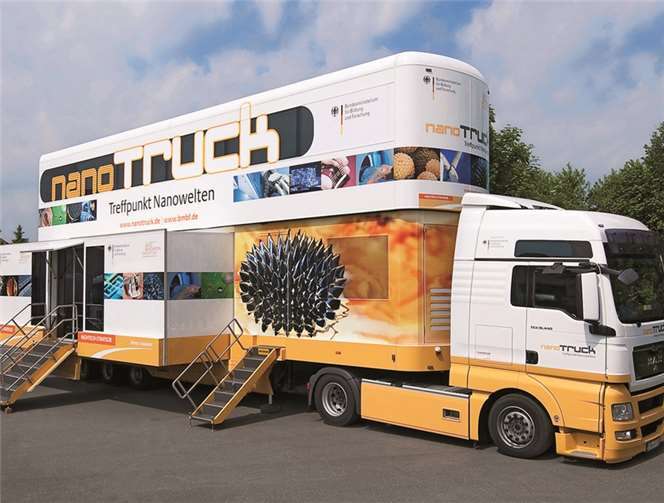 Auf zwei Ebenen präsentiert der nanoTruck die Themenvielfalt nanotechnologischer Forschung und Anwendung. © FLAD & FLAD Communication GmbH
