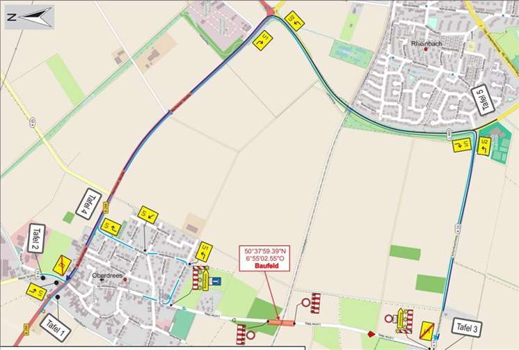 Aufgrund der gesperrten Bahnübergänge Locher Weg sowie Flamersheimer Weg bei Rheinbach-Oberdrees wird eine Umleitung eingerichtet. Quelle: Stadt Rheinbach
