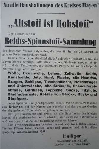 Als im Krieg vor 80 Jahren die Rohstoffe knapp wurden Aufruf des Landrats – Reichs-Spinnstoff-Sammlung. Foto: Archiv F. G. Bell