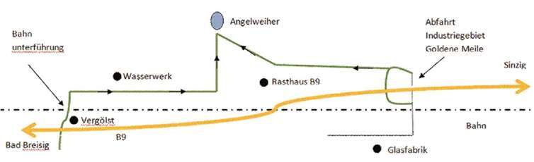 Aus Richtung Sinzig kommend die Abfahrt Industriegebiet Goldene Meile nehmen. Nicht über die Brücke fahren, sondern vorher rechts den Wirtschaftsweg benutzen. Aus Richtung Bad Breisig an der Kreuzung links Richtung Aldi, Lidl und Vergölst abbiegen, geradeaus halten und unter der Bahnunterführung hindurch ebenfalls auf dem Wirtschaftsweg Richtung altes Wasserwerk halten. privat