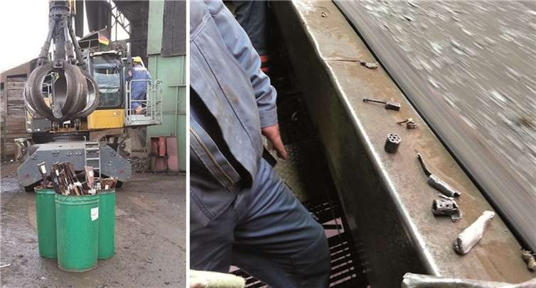 Aus Waffen wird Altmetall. Die Schredderanlage zerstört und zerkleinert Gewehre, Revolver und Pistolen. Am Förderband (re.) steht eine Revolvertrommel und weitere zerlegte Metallteile. Kreisverwaltung Ahrweiler