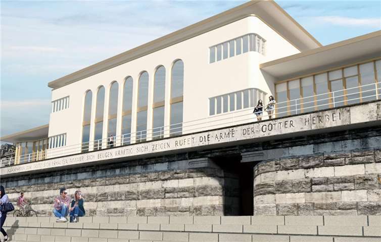 Aus der Deichkrone soll ein „Zentrum zur Auseinandersetzung mit dem Klimawandel und seinen Auswirkungen auf die Urbanität in Mitteleuropa“ werden.Visualisierung der Pläne: Architekt Ralph Schulte/Stadtverwaltung Neuwied