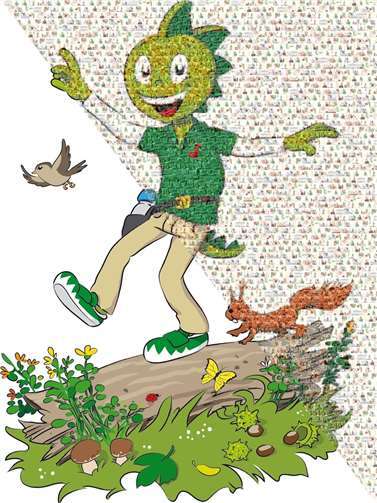 Aus vielen Waldfotos von Kindern steht ein großes Mosaik mit dem Drachenkind. Bis zum 20. Oktober läuft die Mitmachaktion zur „Wald erleben“-Sommerkampagne von Jolinchen. Foto: AOK 