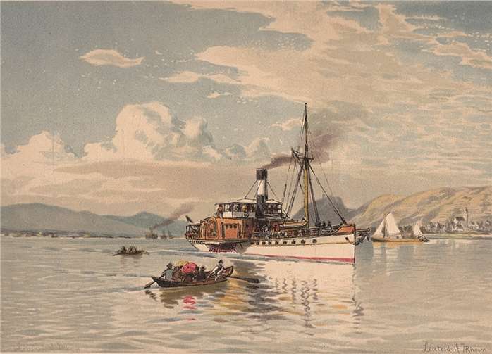 Ausflugsdampfer auf dem Rhein bei Leutesdorf, Chromolithografie um 1890 von L. Kempner. privat