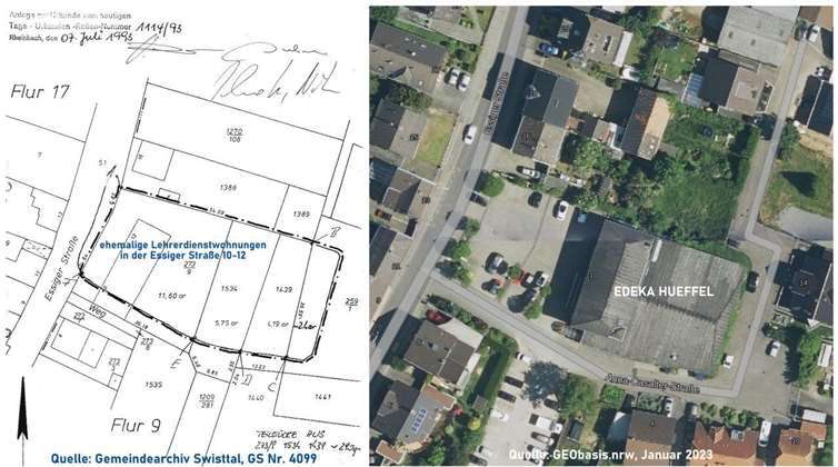 Ausschnitt aus einer Liegenschaftskarte, Essiger Straße 10-12; früherer Standort der ehemaligen Lichtbildstelle der Luftwaffe, später Lehrerdienstwohnungen, heute EDEKA-Markt.  Quelle: Gemeindearchiv, GS Nr. 4099 und GeoBasis nrw.Januar 2023