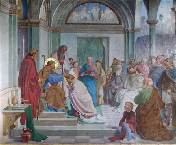 Ausschnitt des Gemäldes, auf dem der Patron der Kirche zum Bischof geweiht wird.  Fotos: HG