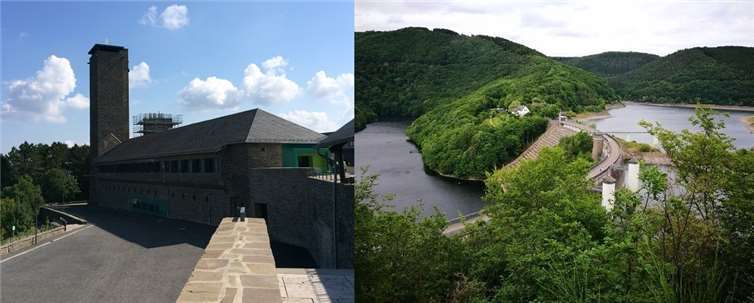 Aussichtsturm Kaserne „Vogelsang“ (l.) und Urfttalsperre (r.). 